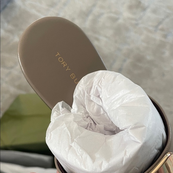 Tory Burch Taupe Georgia Slide Sandals with Gold Emblem - Picture 7 of 11
